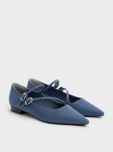 Faux Suede Crystal-Buckle Double-Strap Mary Janes, Blue, hi-res