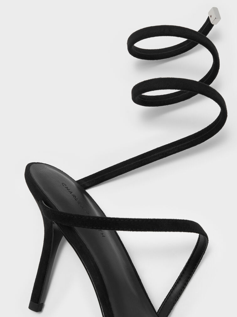 Emila Faux Suede Wraparound Heeled Sandals, Black Textured, hi-res