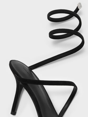 Emila Faux Suede Wraparound Heeled Sandals, Black Textured, hi-res