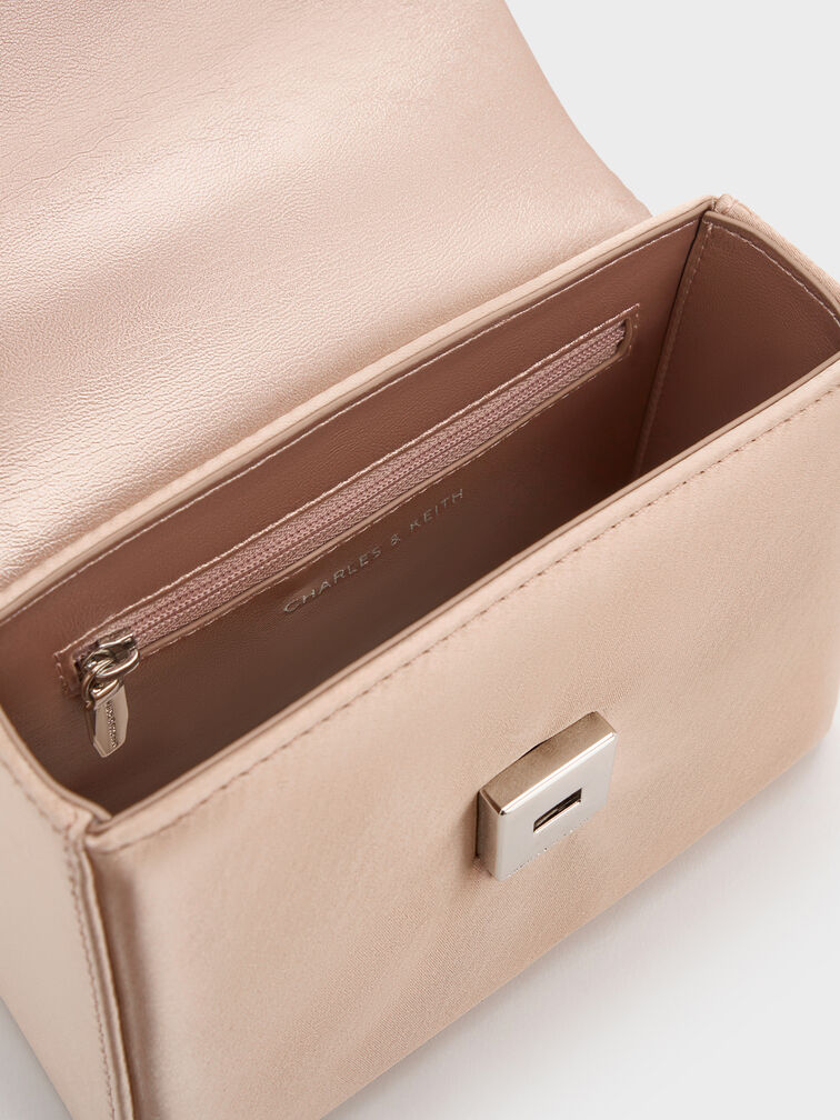 Satin Crystal-Buckle Belted Top Handle Bag, Sunset Nude, hi-res