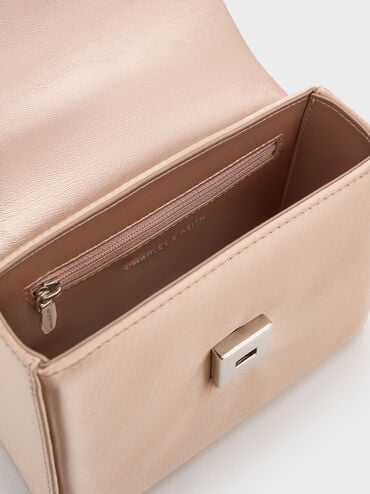 Satin Crystal-Buckle Belted Top Handle Bag, Sunset Nude, hi-res