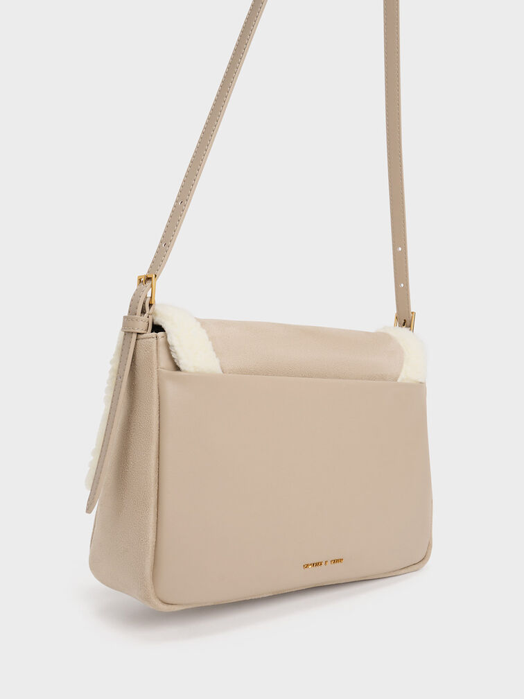 Daki Fur-Trim Belted Trapeze Bag, , hi-res