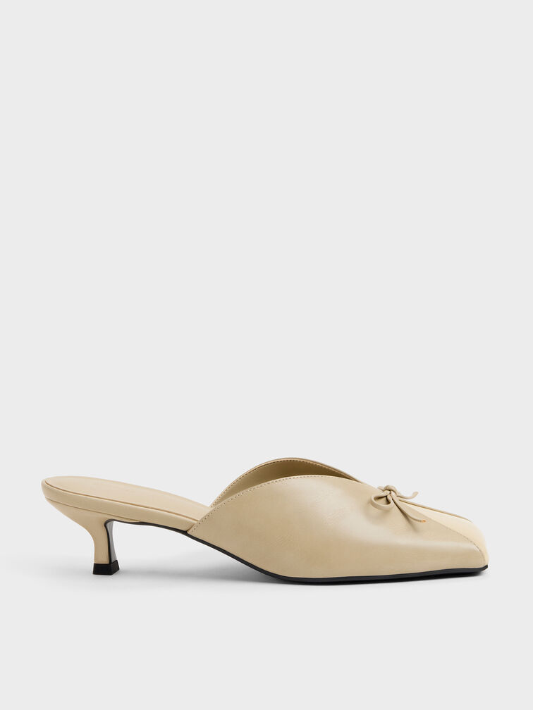 Contrast-Panel Bow Kitten Heels, Taupe, hi-res