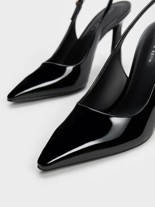 Patent Trapeze Heel Slingback Pumps, Black Patent, hi-res