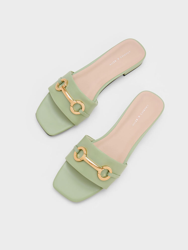 Metallic Bar Slide Sandals, สีเซจกรีน, hi-res
