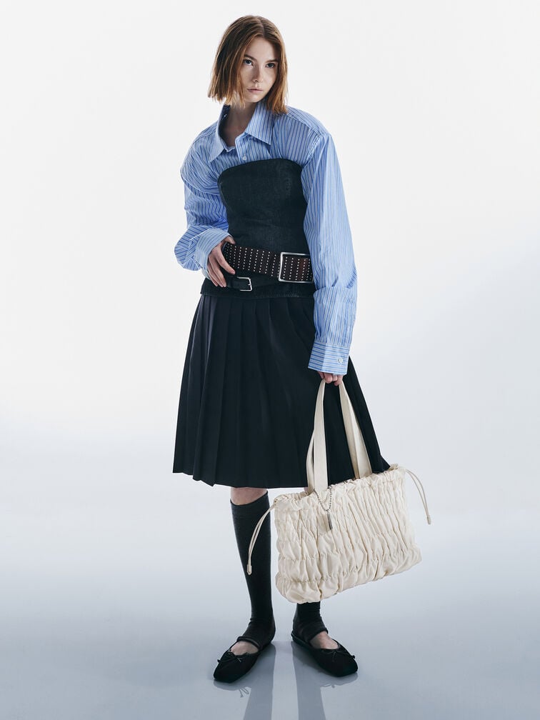 กระเป๋าโท้ทผ้าไนลอนดีเทลย่นรุ่น Klio, สีครีม, hi-res