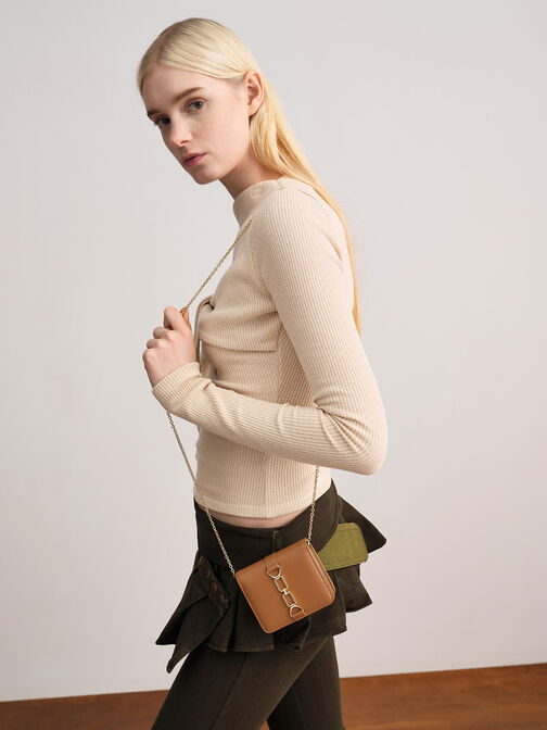 Agatha Chain-Accent Card Holder, Brown, hi-res