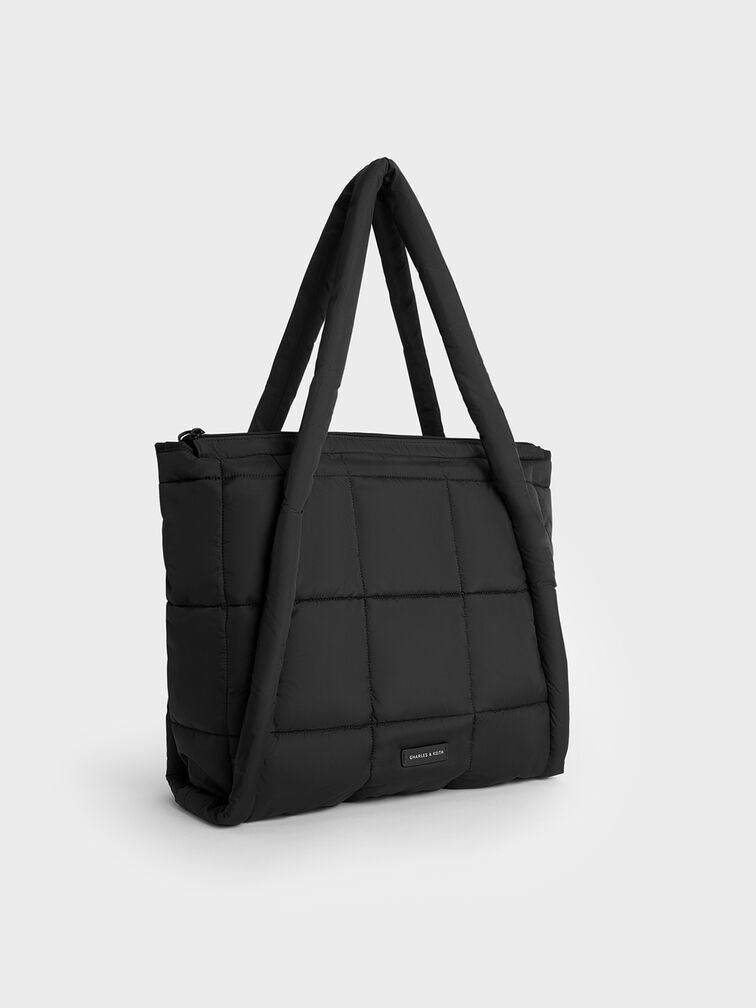 Errya Nylon Quilted Puffy Tote Bag, Jet Black, hi-res