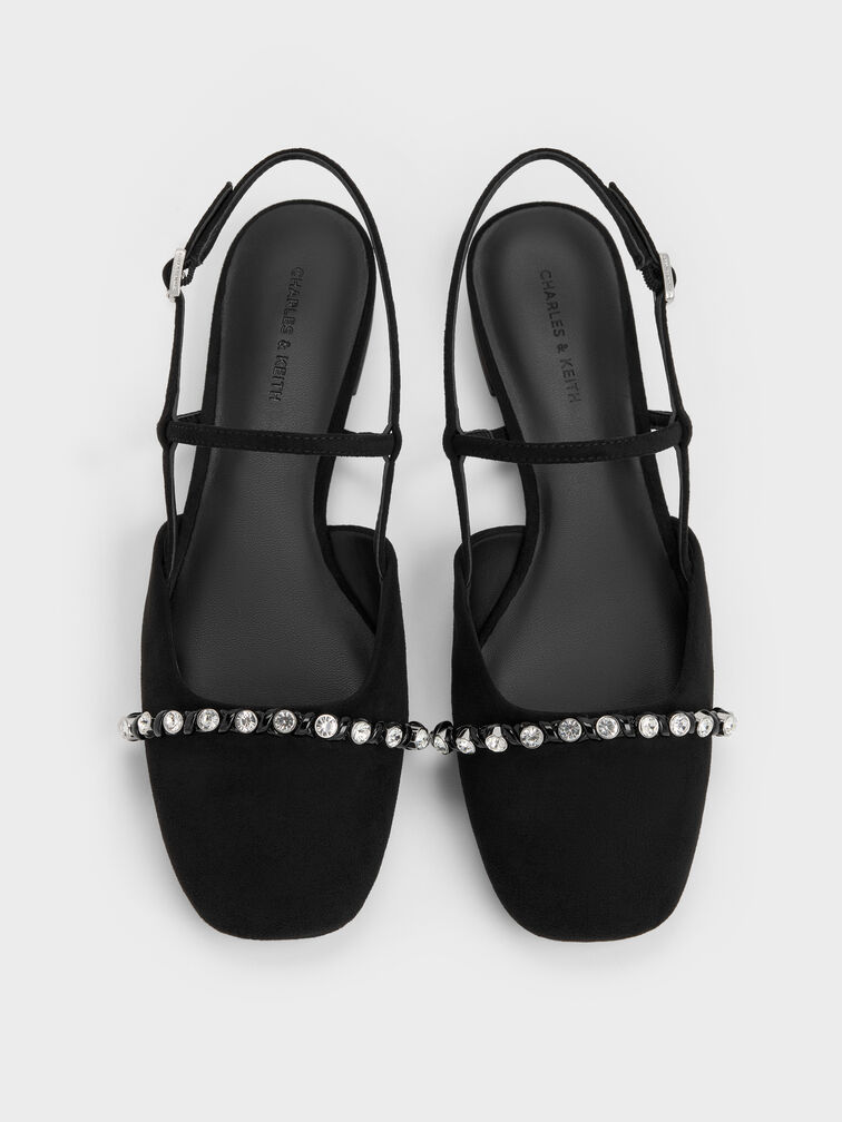 Faux Suede Crystal Slingback Flats, Black Textured, hi-res