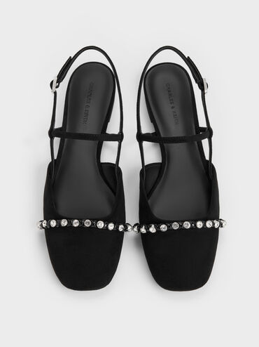 Faux Suede Crystal Slingback Flats, Black Textured, hi-res