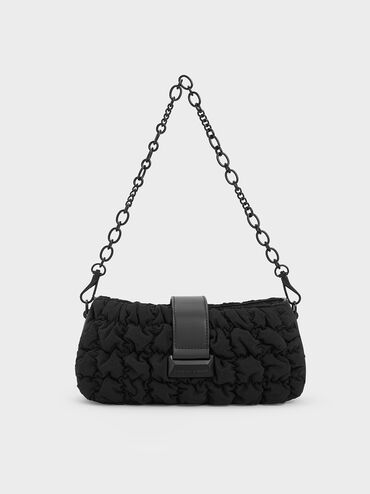 Ruched Nylon Chain Handle Bag, Black, hi-res