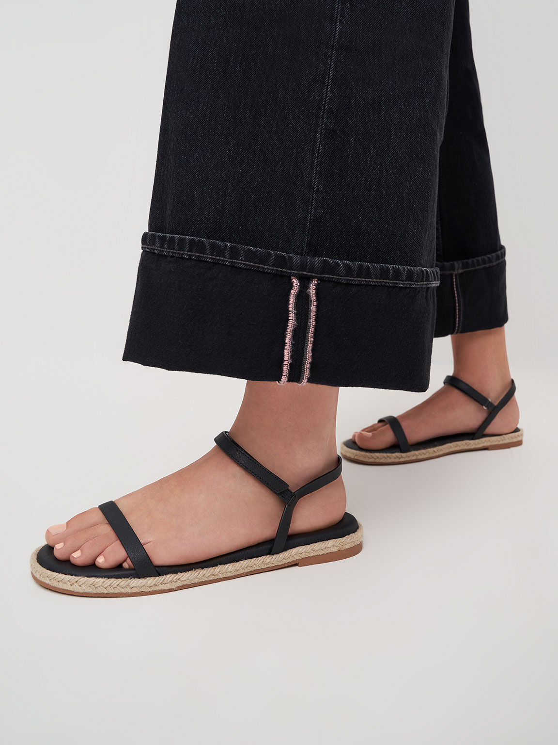 Ankle-Strap Flat Espadrille Sandals, Black, hi-res