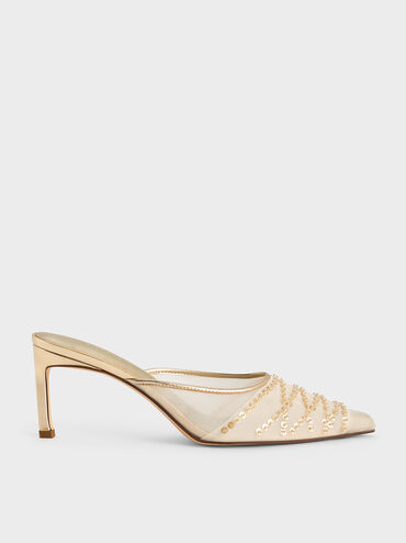 Mesh Metallic Sequinned Heeled Mules, Gold, hi-res