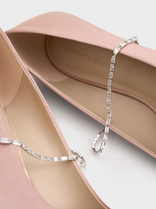 Satin Embellished-Strap Pointed-Toe Pumps, Nude, hi-res