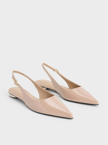 Patent Pointed-Toe Slingback Flats, Nude, hi-res