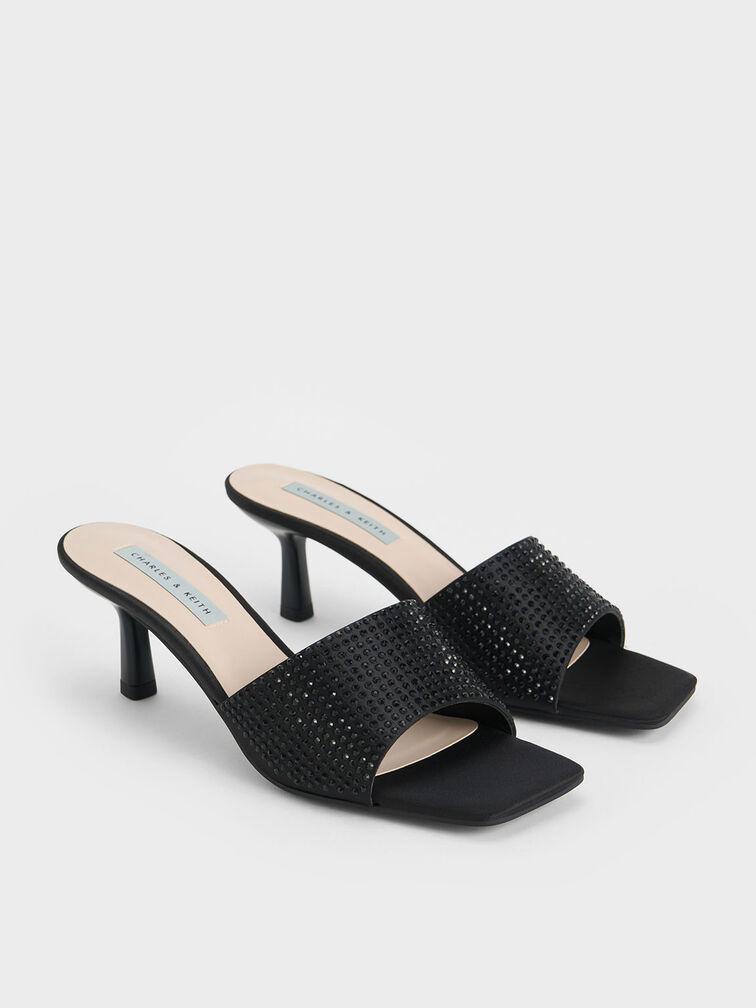 Recycled Polyester Crystal-Embellished Heeled Mules, Black Textured, hi-res