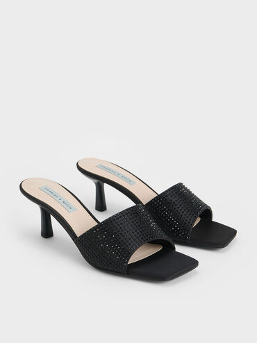 Recycled Polyester Crystal-Embellished Heeled Mules, Black Textured, hi-res
