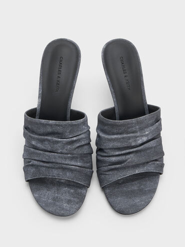 รองเท้าส้นสูงแบบเปิดส้นดีเทลจับจีบวัสดุผ้าทวิลล์, สีดาร์คบลู, hi-res