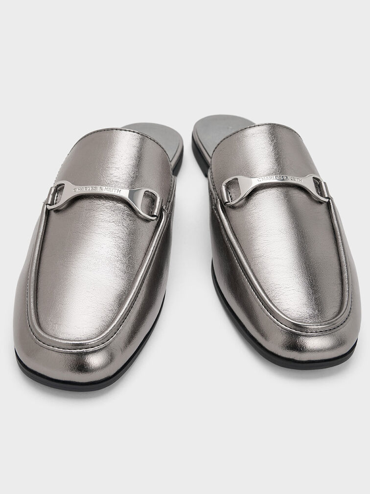 Leslie Metallic Mules, Pewter, hi-res