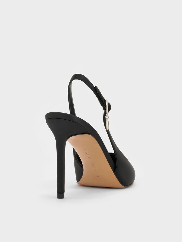 Satin Teardrop-Crystal Stiletto-Heel Slingback Pumps, Black Textured, hi-res