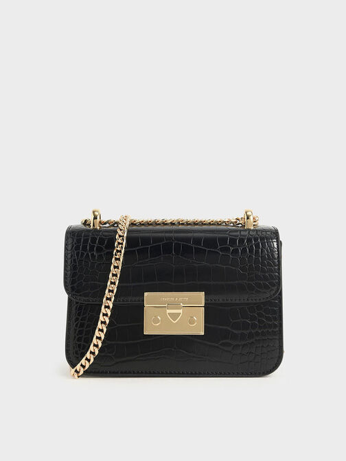 Croc-Effect Chain Strap Crossbody Bag, , hi-res