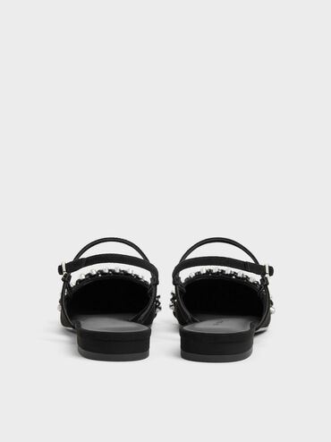 Faux Suede Crystal Slingback Flats, Black Textured, hi-res