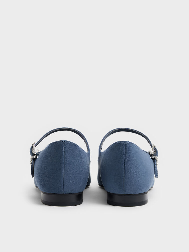 Faux Suede Crystal-Buckle Double-Strap Mary Janes, Blue, hi-res