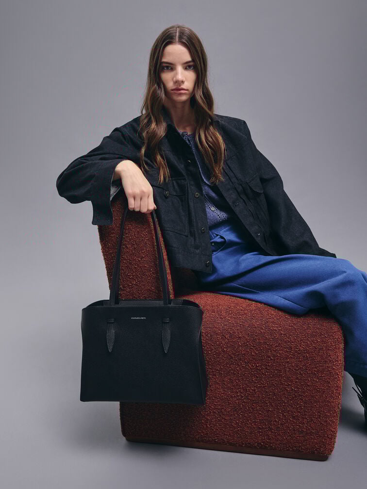 กระเป๋าโท้ทดีไซน์หูจับแบบยาวรุ่น Allyn, สีดำอะไหล่สีเงิน, hi-res