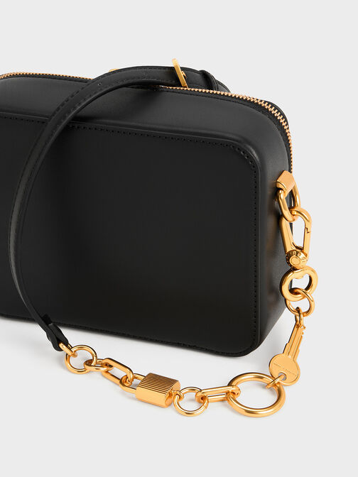 Lock & Key Chain Handle Bag, สีดำ, hi-res