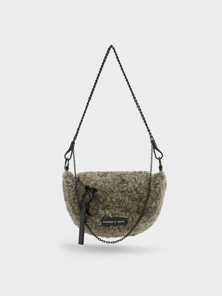 Philomena Furry Half-Moon Crossbody Bag, Khaki, hi-res