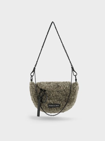 Philomena Furry Half-Moon Crossbody Bag, Khaki, hi-res