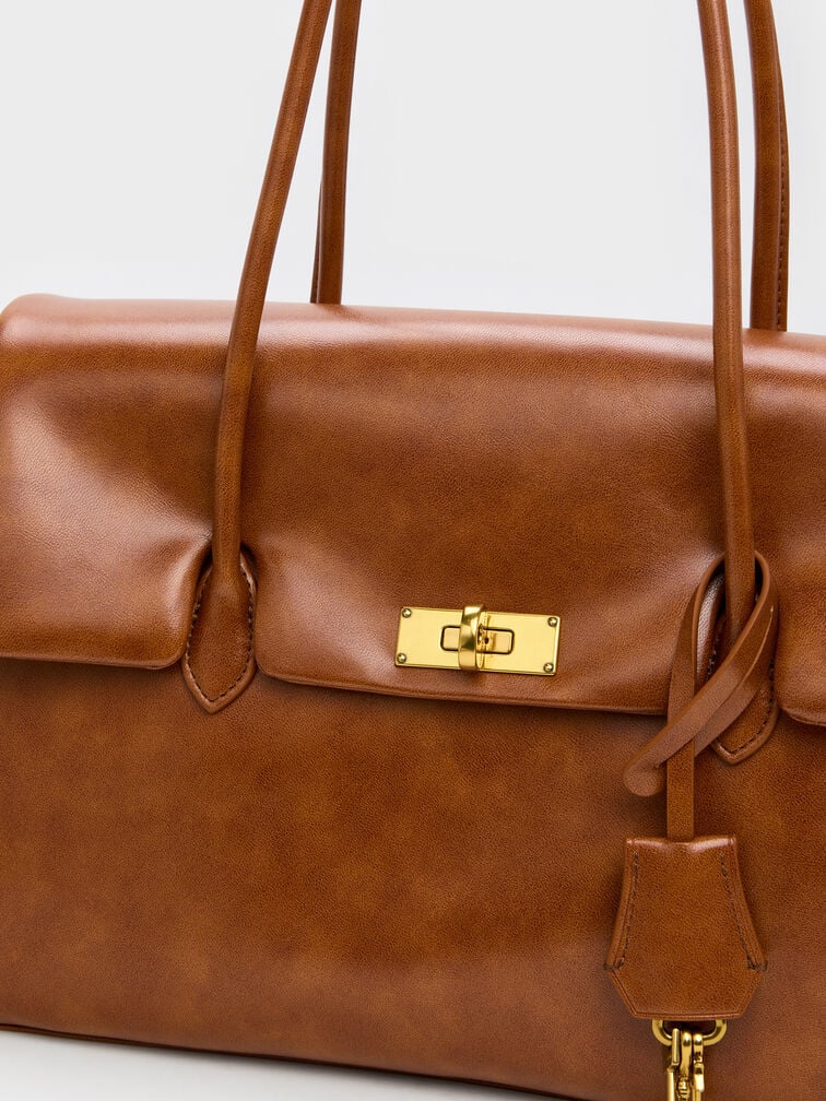 กระเป๋าโท้ททรงสี่เหลี่ยมคางหมูรุ่น Kerry, สีดิสเทรสด์แทน, hi-res