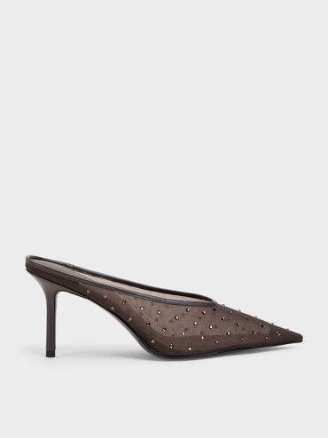 Mesh Crystal Pointed Heeled Mules, Dark Brown Textured, hi-res
