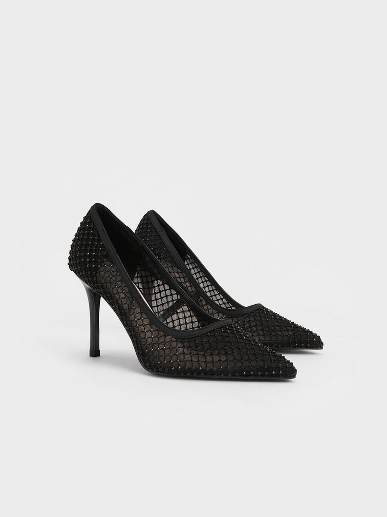 Gem-Encrusted Mesh Heeled Pumps, , hi-res