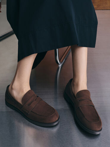 Arven Faux Suede Penny Loafers, Dark Brown Textured, hi-res