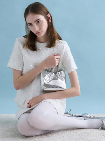 Brigette Ruched Glittered Chain-Handle Shoulder Bag, Silver, hi-res