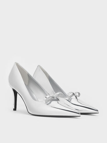 Metallic Bow Pointed-Toe Stiletto-Heel Pumps, Silver, hi-res