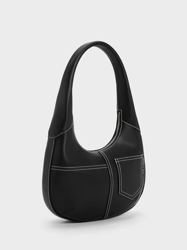 Anthea Contrast-Trim Curved Hobo Bag, สีดำ, hi-res