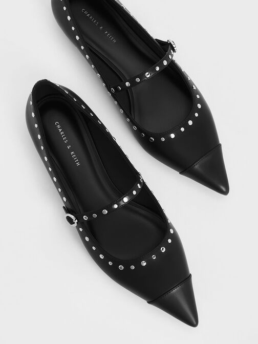 Studded Pointed-Toe Mary Jane Flats, สีดำ, hi-res