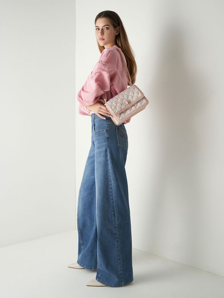 Micaela Tweed Quilted Chain Bag, สีชมพูอ่อน, hi-res