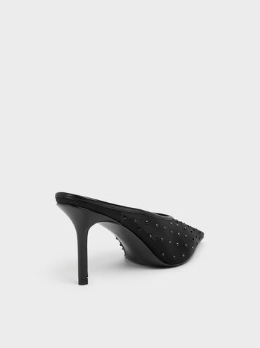 Mesh Crystal Pointed Heeled Mules, Black Textured, hi-res