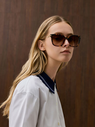 Kris Tortoiseshell Chain-Detail Sunglasses, T. Shell, hi-res