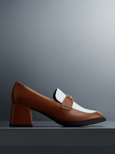 Two-Tone Metallic Accent Block Heel Loafer Pumps, สีน้ำตาล, hi-res