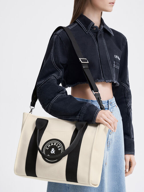 Large Kay Canvas Contrast-Trim Tote Bag, , hi-res