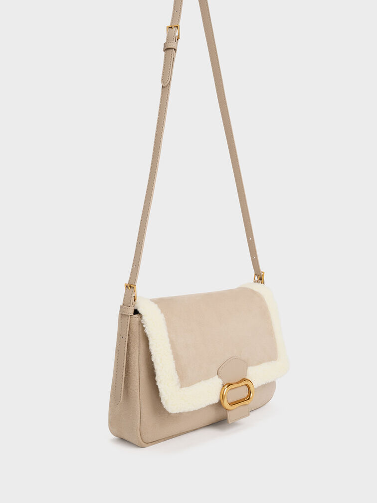 Daki Fur-Trim Belted Trapeze Bag, , hi-res