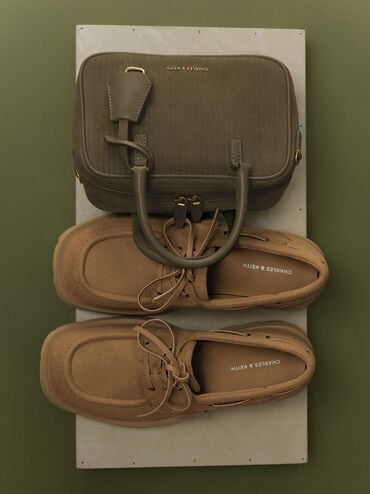 รองเท้าโบ๊ทชูส์พื้นหยักแบบผูกเชือก, สีแซนด์, hi-res