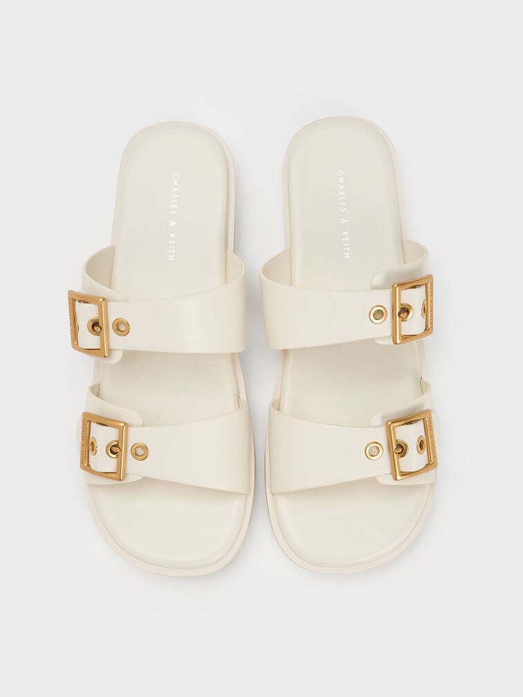 Buckled Double Strap Slide Sandals, สีขาว, hi-res