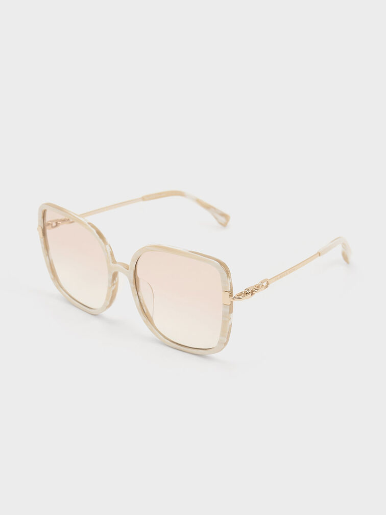Oversized Square Chain-Link Sunglasses, สีครีม, hi-res