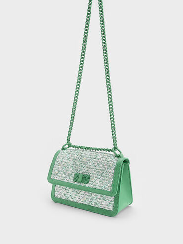 Micaela Tweed Quilted Chain Bag, Green, hi-res