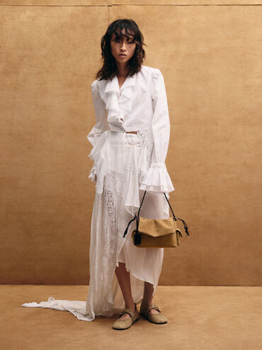 Gael Twill Studded Crossover-Strap Bow Mary Janes, Beige, hi-res